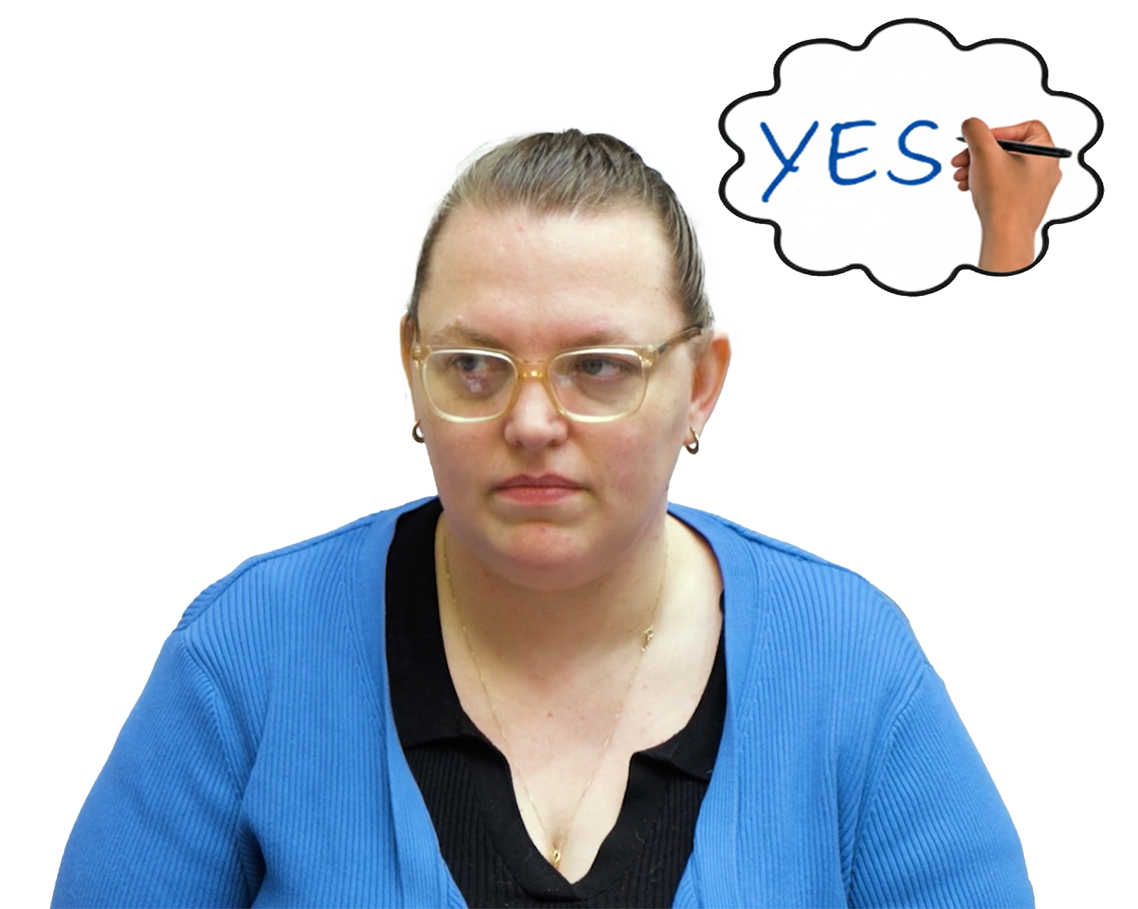 A sitting woman with a thought bubble saying yes