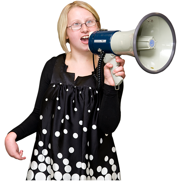 A woman speaking into a loudhailer