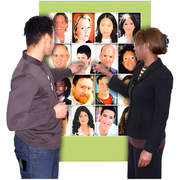 Two people looking at an image with a lot of different people.