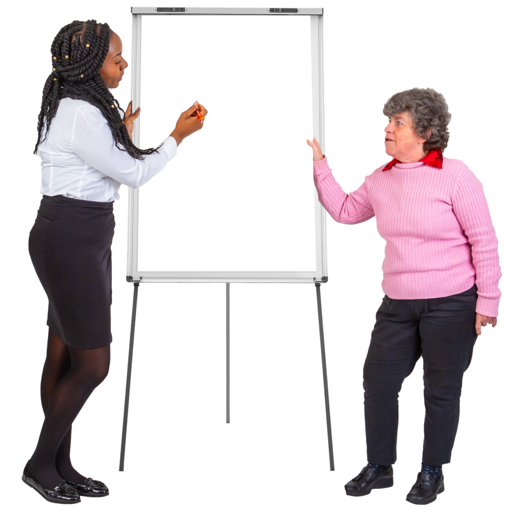 Two people at a blank easel