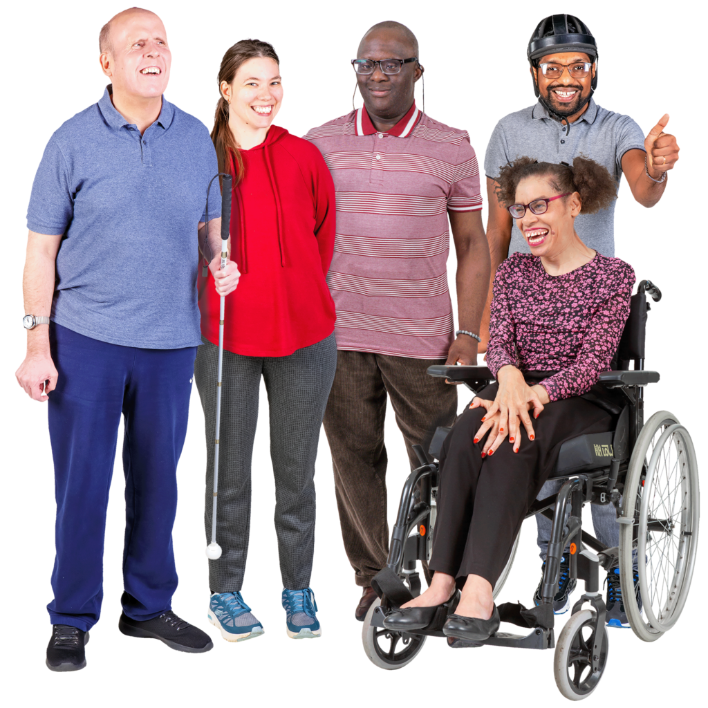 Five people in a group, one of whom is in a wheelchair