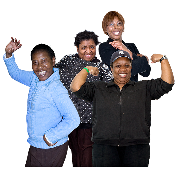 A group of happy people flex their biceps