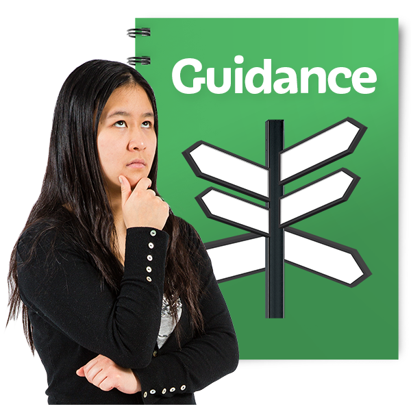 A pensive woman stands in front of a sign saying guidance and showing a signpost pointing in various directions