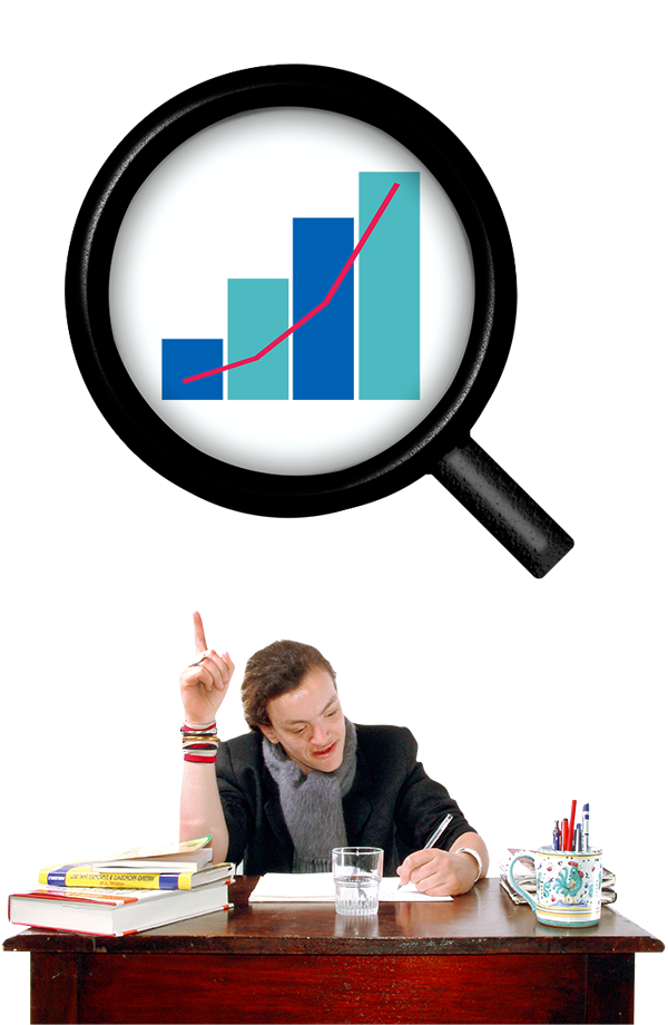 A woman writes at a desk while pointing upwards to a large magnifying glass with a bar chart in it