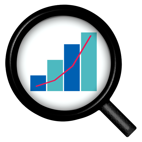 A magnifying glass focussed on a bar chart