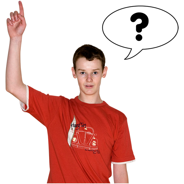 Young man with his hand point upwards and a question mark thought bubble