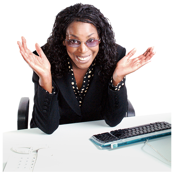 Woman sitting in front of a keyboard looking at the camera with a questioning gesture