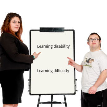 Two people pointing to different terms