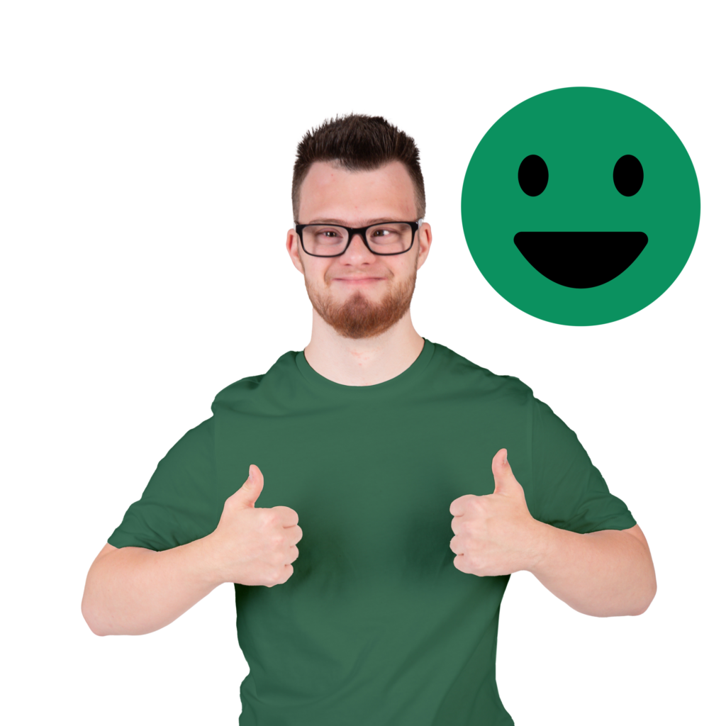 A person with glasses showing agreement with a happy face next to him